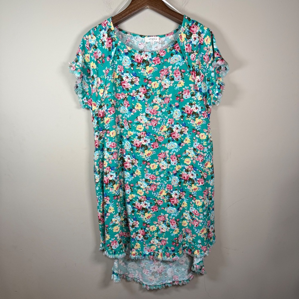 Umgee High Low Frayed Hem Linen Blend Floral Dress Size XL Boho Cottage Western